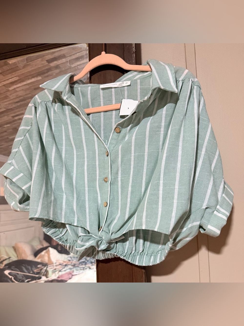 Alter’d State Sage Green Cropped Button Down Top